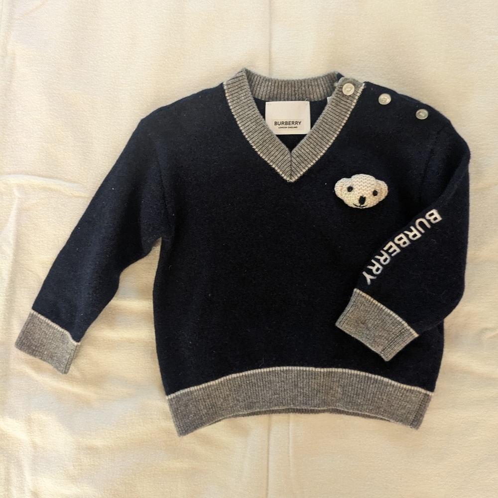 Burberry Navy & Gray Teddy V-Neck Kids Sweater